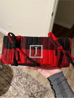 Monogram J Red & Black Plaid Travel Jewelry/Hair Accessories Organizer Roll